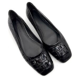 Tory Burch Georgia Ballet Flats Black Croc Embossed Leather Square Toe Sz 8